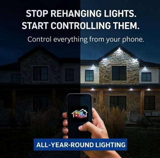 Before and after: dark home versus home with permanent roofline LED lighting; smartphone app for control. Stop rehanging lights, start controlling them.