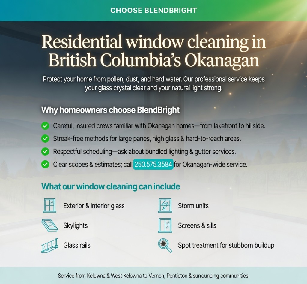 Choose BlendBright for residential window cleaning in British Columbia's Okanagan: why homeowners choose us, services from exterior and interior glass to skylights, rails, storm units, screens and sills, and spot treatment. Service from Kelowna and West Kelowna to Vernon, Penticton and surrounding communities. Call 250.575.3584.